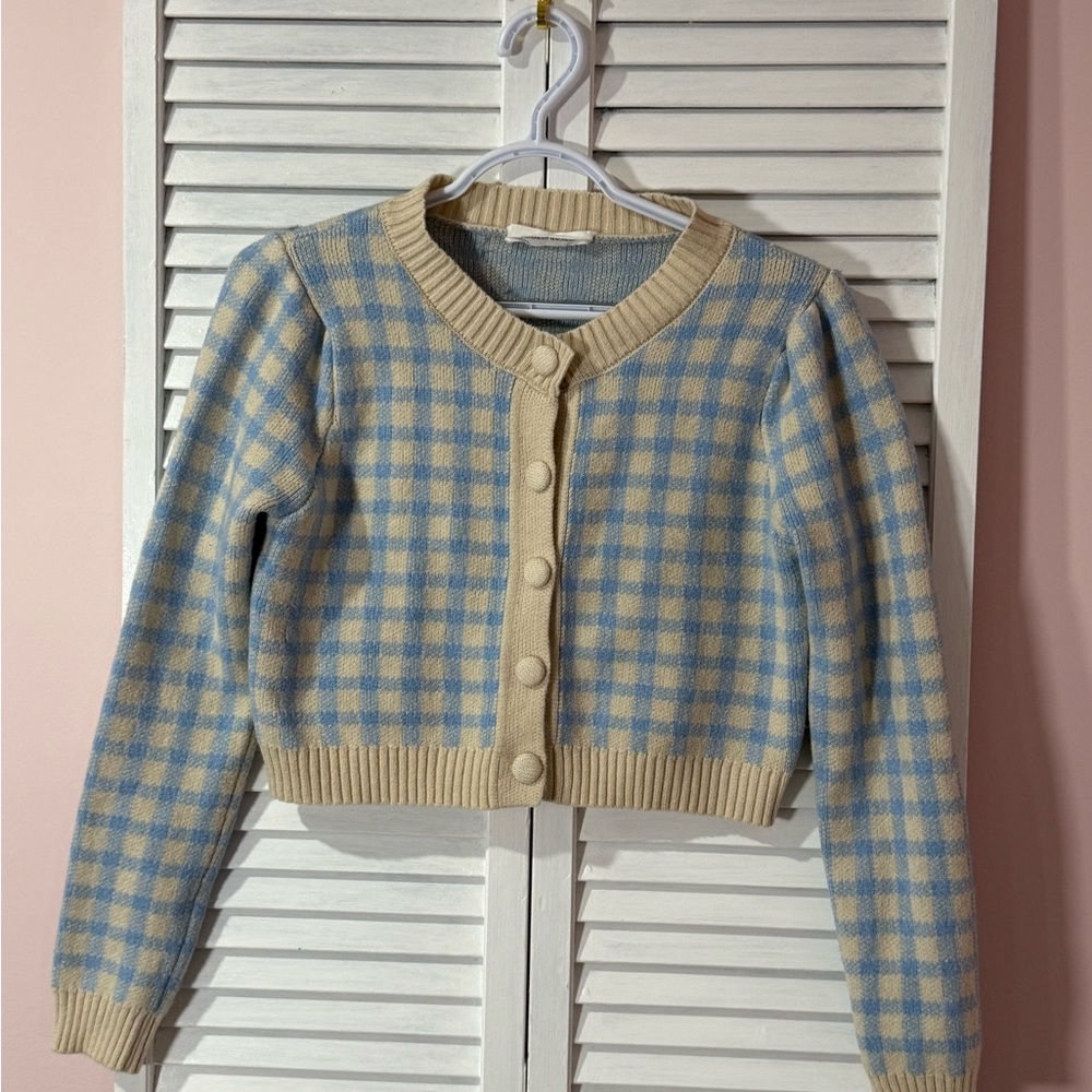 Goodnight Macaroon Blue and Cream Plaid Cardigan